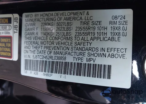 2024 Acura Rdx Technology Package from USA, damaged, VIN 5J8TC2H52RL038858